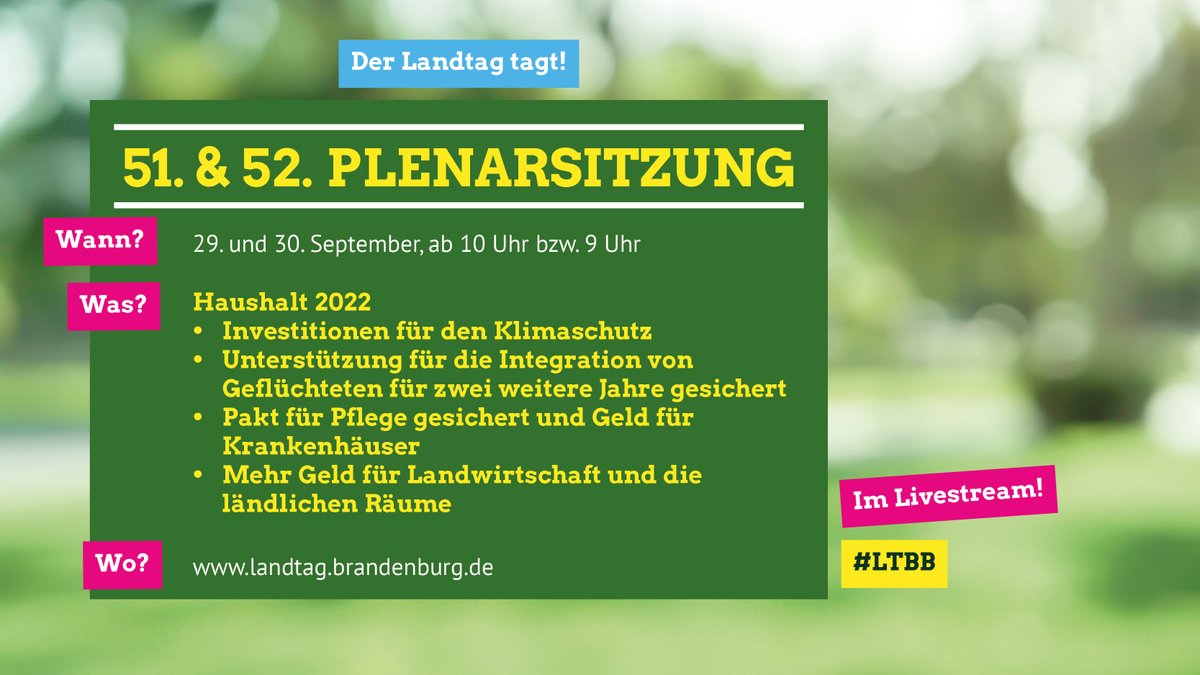 Text: Plenarsitzungen am 29. und 30.9. ab 10 bzw 9 uHr zum Haushalt 2022
Investitionen für den Klimaschutz
Unterstützung für die Integration von Geflüchteten für zwei weitere Jahre gesichert
Pakt für Pflege gesichert und Geld für Krankenhäuser
Mehr Geld für Landwirtschaft und die ländlichen Räume