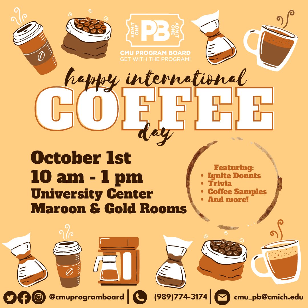 CMUProgramBoard's tweet photo. Calling all coffee lovers! Friday is your day-come out to celebrate International Coffee Day with us &amp; for the chance to win a Keurig! https://t.co/C2o7Q2CALD