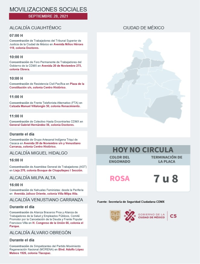 C5_CDMX's tweet photo. ⚠️📢Te compartimos las movilizaciones sociales previstas para este día en la CDMX. 

#MovilidadCDMX 
📹#C5 https://t.co/Ut7xTUSFEU