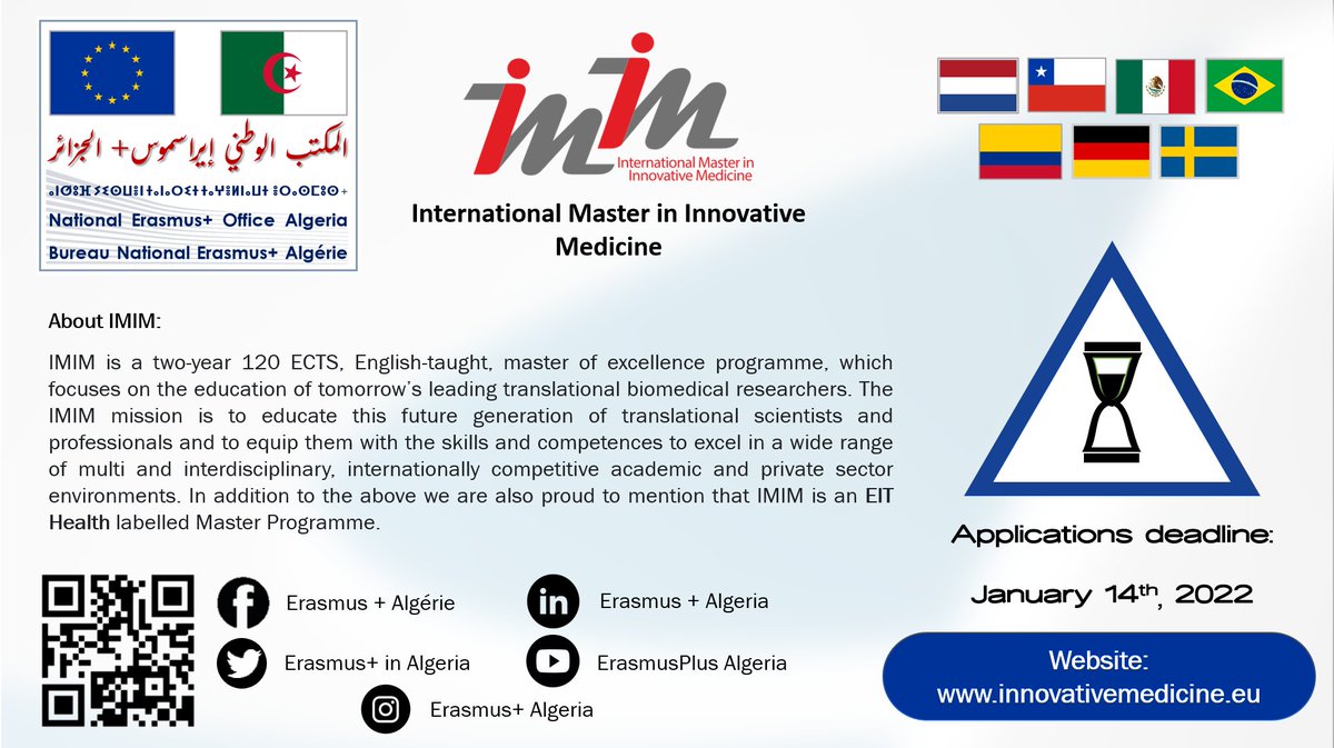 Erasmusplus_Dz's tweet photo. #Bourses_Erasmus_Mundus
IMIM est un programme de master de 120 ECTS, enseigné en anglais, qui se concentre sur la formation des principaux chercheurs biomédicaux translationnels de demain.

Date limite: 14 Janvier 2022

Site web: https://t.co/QPDoJTcjtp https://t.co/BzlibxfowS