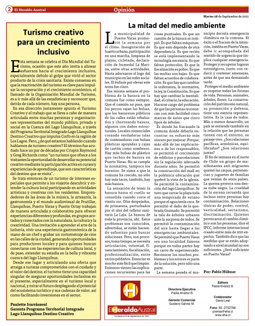 Llanquihuecrea1's tweet photo. Articulando "una oferta que atraiga a turistas comprometidos con el cuidado y el valor del destino, el turismo tiene una capacidad singular de asegurar oportunidades inclusivas en el presente y mirar el futuro". 
Compartimos columna 👇🏾 vía @diario_eha 
https://t.co/HwbH0qWIQK https://t.co/MOR66H2Wit
