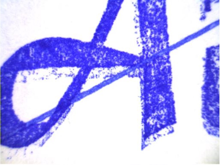 ICCD18's tweet image. Resolución nuevo caso de cruce de trazos: sello húmedo tinta líquida sobre útil escritural de tinta azul grasa #crucedetrazos #tintas #documentoscopia