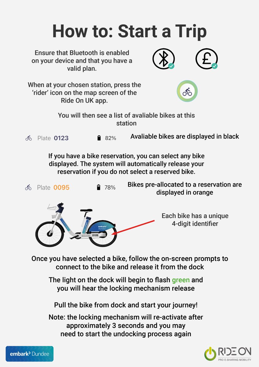 rideondundee's tweet photo. 1/2 New to the #EmbarkDundee service? π² As a friendly reminder, all users are responsible for their e-bike! All trips with the service must end at one of our docking stations. Here are some helpful graphics! Contact support@rideondundee.com anytime for assistance! πππ https://t.co/XYEVxLp3Sg