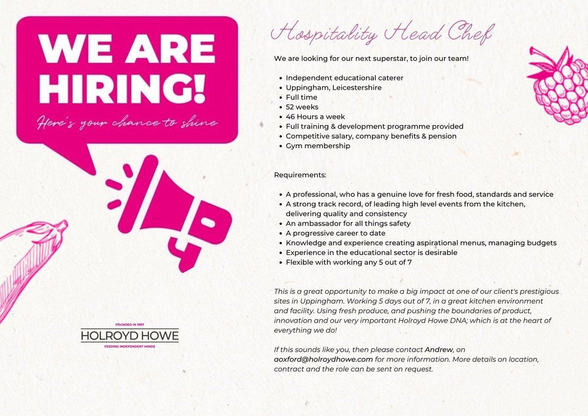 #recruiting #chefsjobs #opportunties #hospitality <a href="/HolroydHowe/">Holroyd Howe</a> <a href="/OliCullers/">Oli Cullingworth</a> <a href="/Rachael48432853/">Rachael Wilson</a> <a href="/UppinghamSchool/">Uppingham School</a> @ChefSi71 @chefysimon <a href="/chefbenji64/">Ben Cook</a>