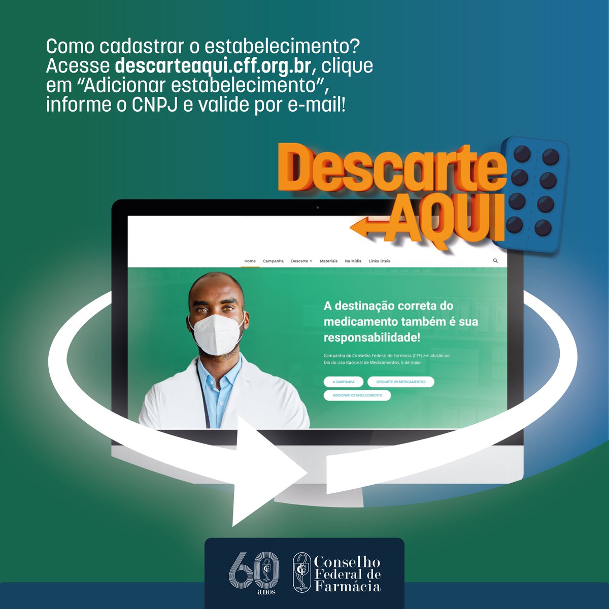 cffarmacia's tweet photo. Como cadastrar:
1.Acesse https://t.co/r7kyGaslqi
2.Clique em ADICIONAR ESTABELECIMENTO.
3.Informe o CNPJ
4.Valide o cadastramento acessando a mensagem enviada ao seu e-mail.
#CFF #Medicamentos #DescarteAqui #DescarteConsciente https://t.co/LScAvp8qI8