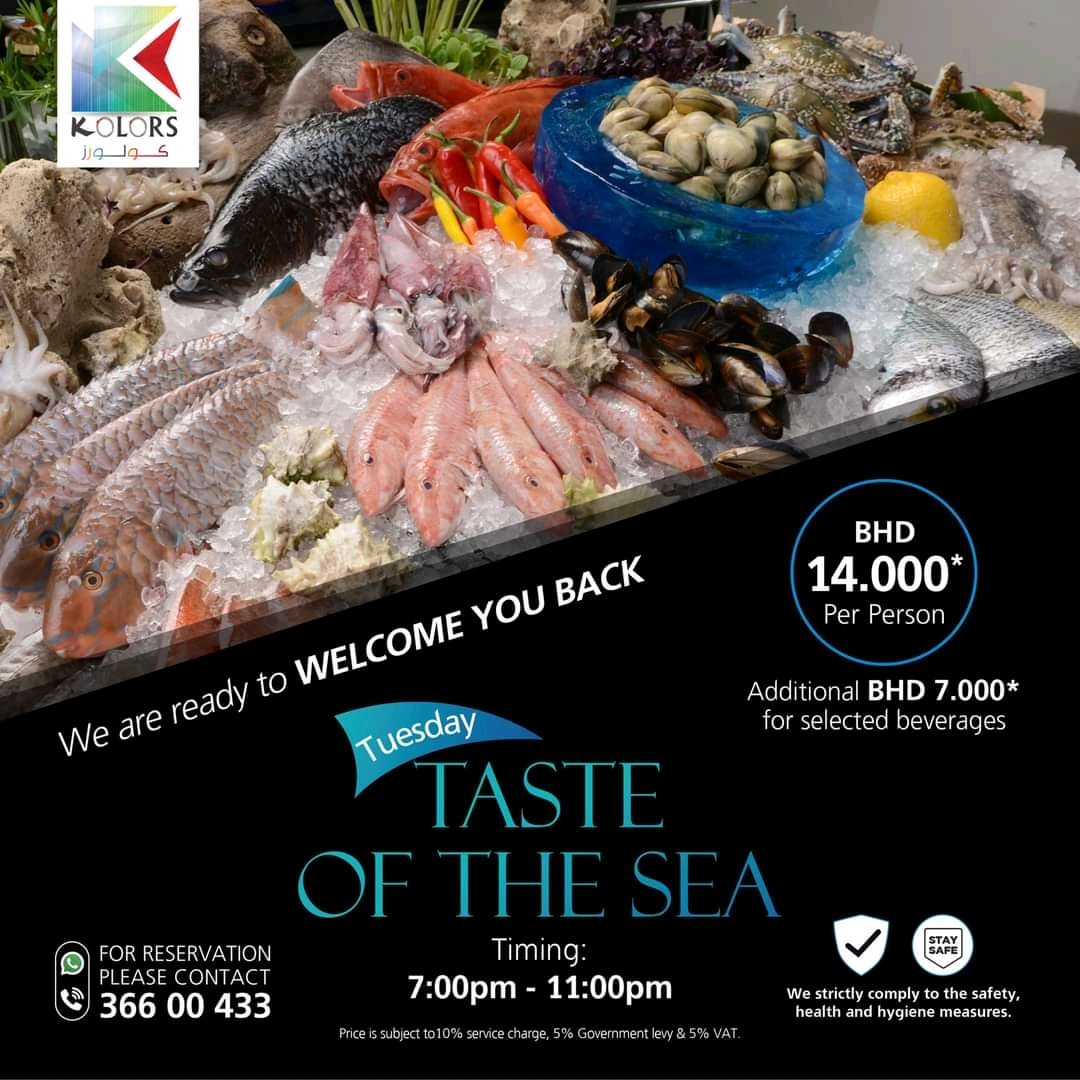 TheKHotel's tweet photo. لجميع عشاق المأكولات البحرية، استمتعوا بمجموعة واسعة من المأكولات البحرية الشهية كل يوم ثلاثاء في مطعم كولورز. لمزيد من المعلومات او للحجز ، يرجى التواصل عبر الواتس اب ٣٦٦٠٠٤٣٣
__
#thekhotel #bahrain #juffair #manama #visitbahrain https://t.co/OvTR5QT3cA