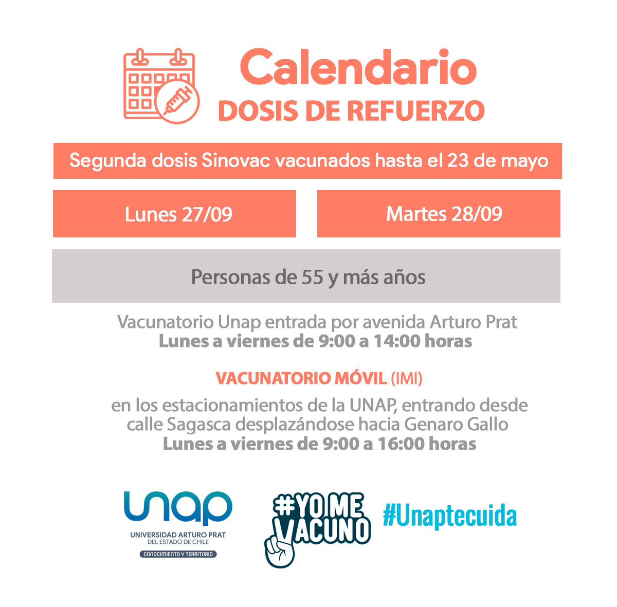 unapcl's tweet photo. [ #UNAPInforma ] Comunidad de la #RegióndeTarapacá, compartimos calendario #Vacúnate y cuida de tus seres amados. ¡Súmate y vacúnate!!
#UNAP #ConocimientoYTerritorio #UNAPEstatal #LaUniversidadQueQuiero #Acreditada
#UNAPIquique #IQUIQUE https://t.co/nwCPhbbbGP