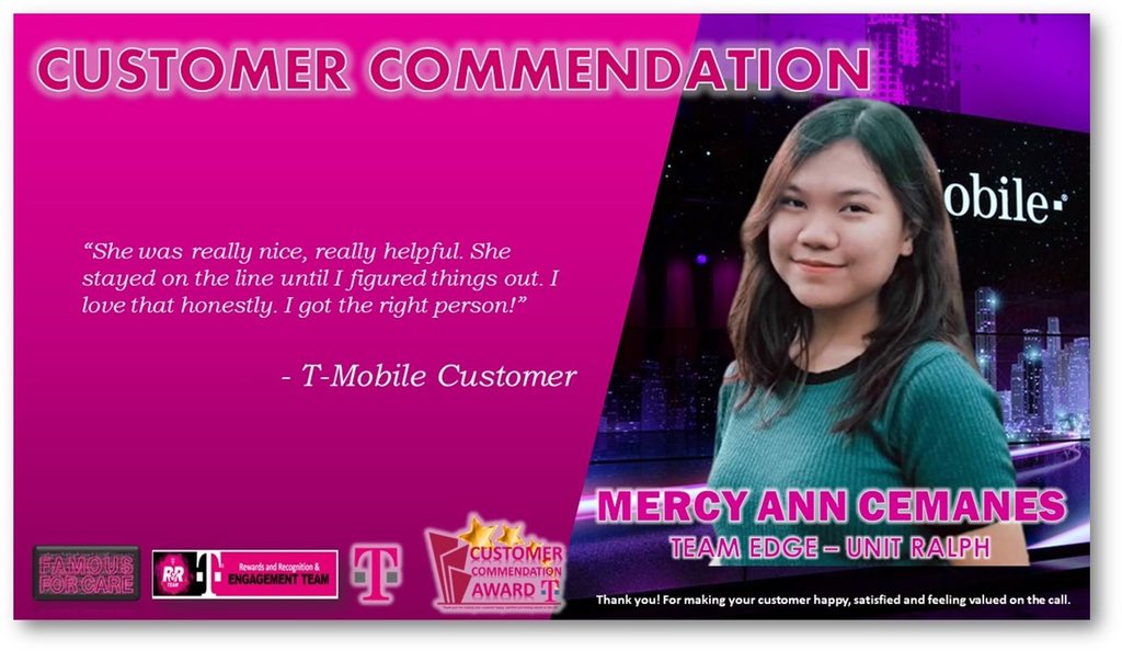 OneMagentaCNX's tweet photo. QC CNX CYBERWEST | ONSITE &amp; WORK AT HOME CUSTOMER COMMENDATION AWARDEES - CONGRATULATIONS!!! 🎊🤩🎉🥳👏🏻👍 #EmployeeEngagement #FamousForCare #TeamMagenta https://t.co/VFc0ZwZ31T