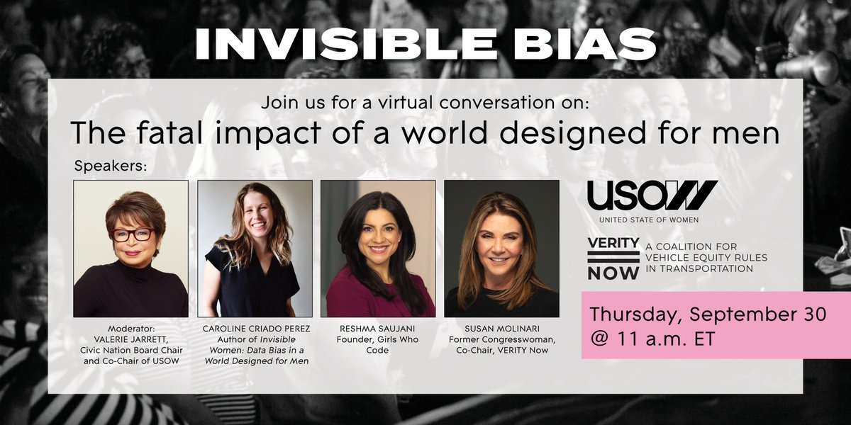 reshmasaujani's tweet photo. Women are 17% more likely to be killed in a crash because cars are designed using crash test dummies modeled on cis male bodies.

Join us Thursday @ 11am ET for a conversation on gender bias in data and the fatal impact of a world designed for men.

RSVP: https://t.co/6B5kbtyNCN https://t.co/uUQxi7CmEk