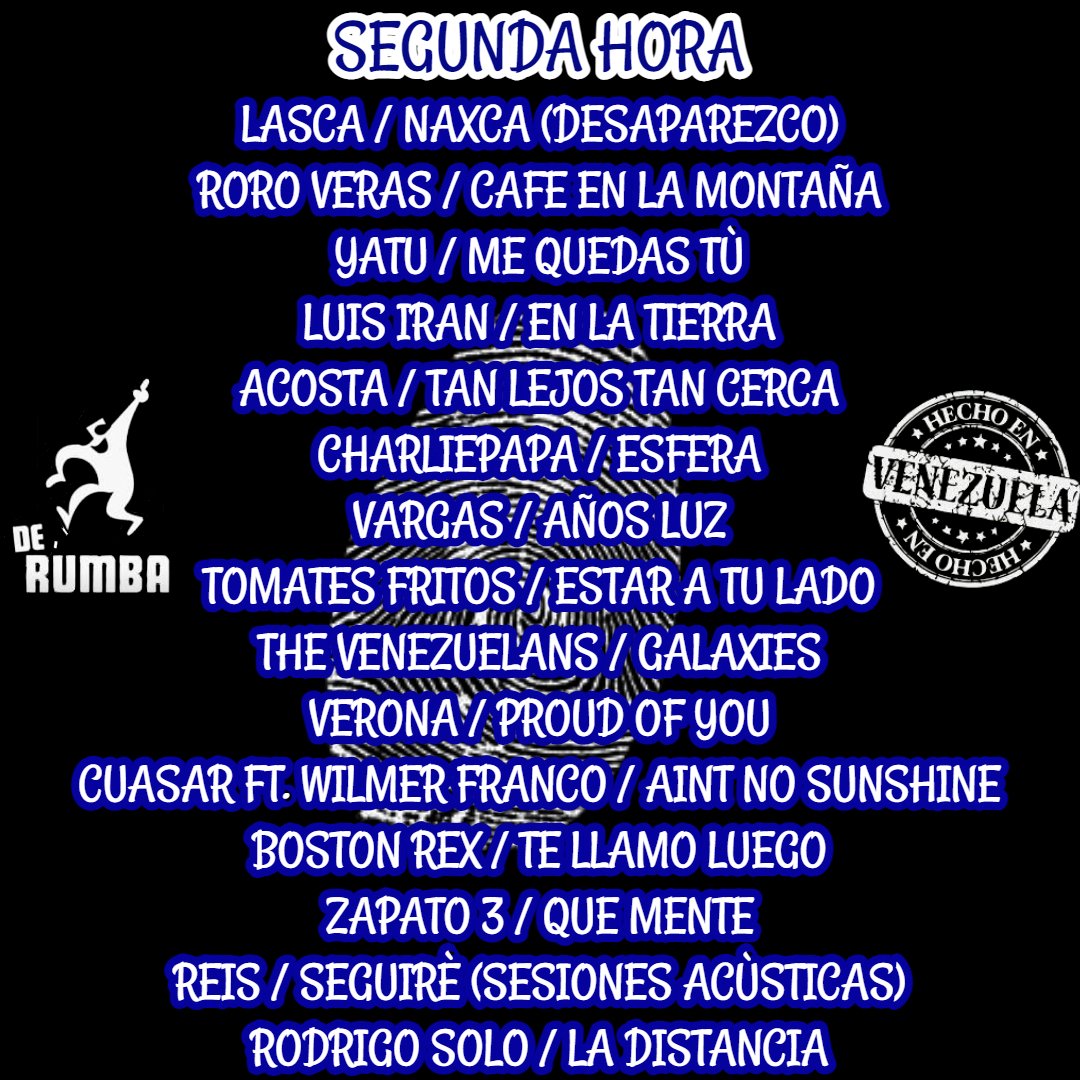 victormendez's tweet photo. Martes de Hecho en Venezuela, en la primera hora sonarán:
@apachelasminas @Mcklopedia @GonadL1 @sibilino19 @Rawayana @LosMentas @kellyabarca29 @HolySexyB + Pus and the loops + Los Lugares + El Buen Jeff + El Brigadier + Lp3 + @dernamusic @Desierto_polar 
#hechoenvenezuela https://t.co/fEYZxvaqBh