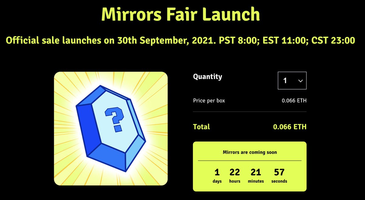 Mirrors Pre-Sale, 20% Minted in 48 Hours!! Thanks to our amazing community! 

For those who missed out on our airdrops and White List dividends, don’t worry, the team has prepared a lot of surprises, look forward to the public mint at: 9/30 3:00 PM UTC.