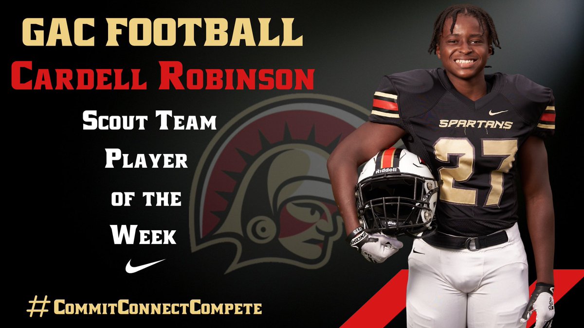 GACFootball's tweet photo. Junior Cardell Robinson stands out for his great effort in practice and detailed preparation for every game. He is our Scout Team Player of the Week‼️ @PoweredBy_Dell
#Team31 #CommitConmectCompete https://t.co/rrFRwOpQuk