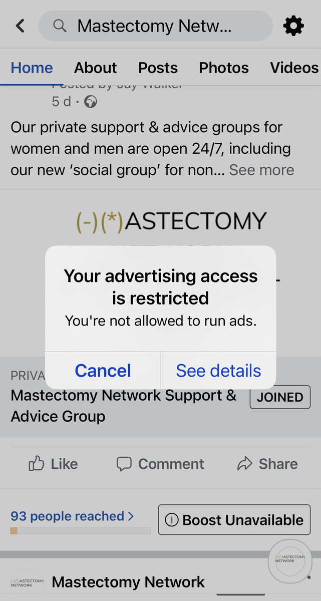mastectomynet's tweet photo. We are going to need all the help we can get as @Facebook have removed all ad access because our content contains ‘sexual/adult activity’

We are a MASTECTOMY AWARENESS group

Breast Cancer is not ‘sexual’

Every single year we have to fight just to be seen 😞

@FBoversight https://t.co/T1fd7rd7R8