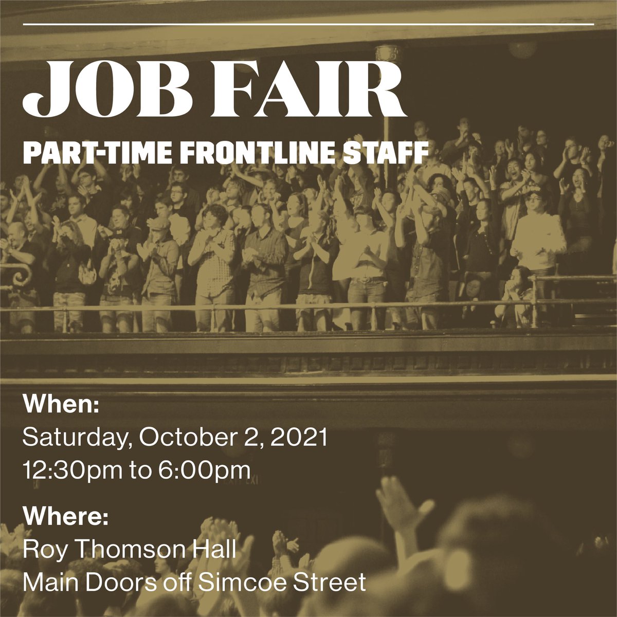 📣 Massey Hall & Roy Thomson Hall Job Fair THIS Saturday! Does a career with two of the world’s pre-eminent concert venues interest you? If so, visit mhrth.com/job-fair for more info.