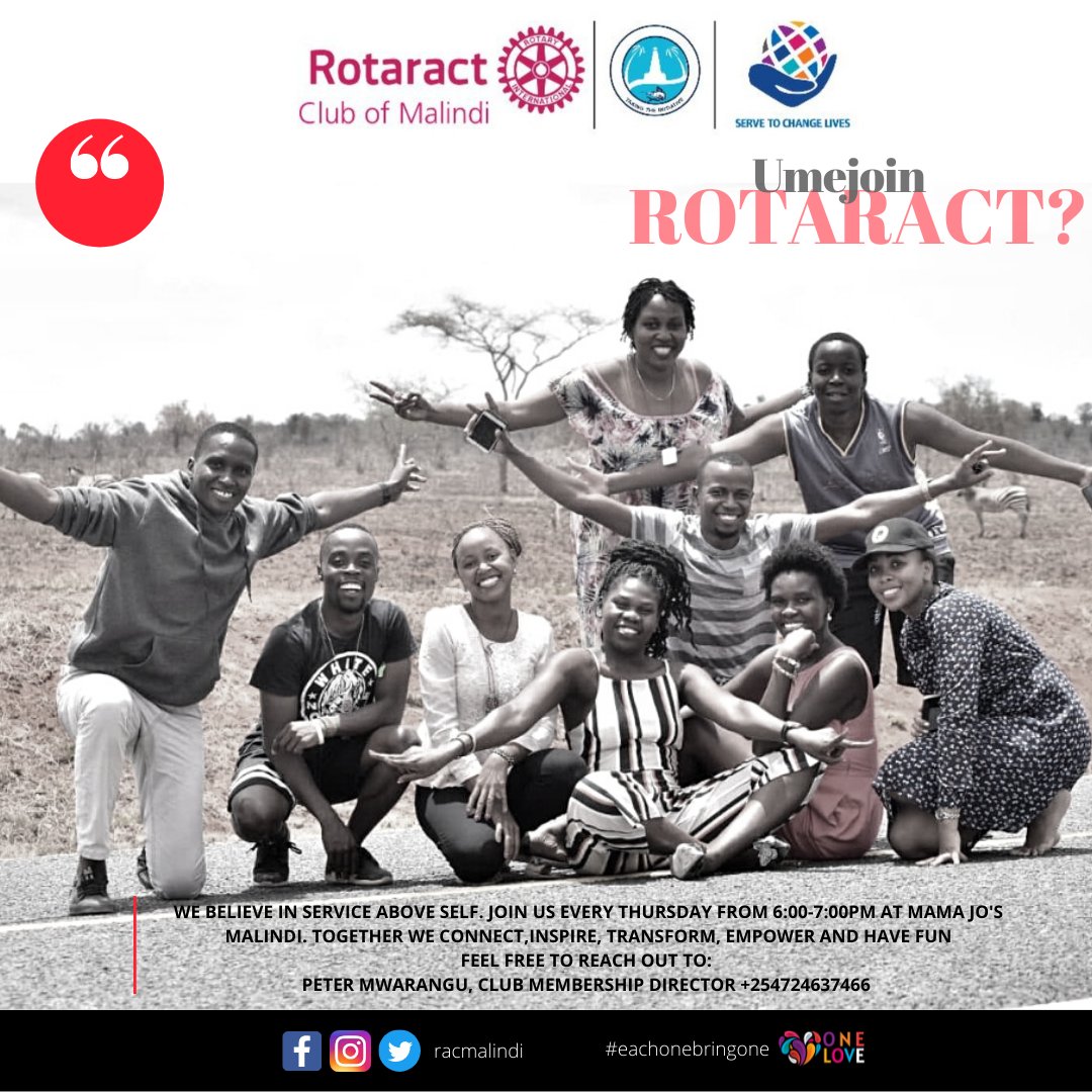 UMEJOIN ROTARACT?

#EachOneBringOne #getinvolved #wearerotaract #joinRotaract #ServeToChangeLives #onelove

@Rotaract_D9212  @rotaract254 @rotarymalindi