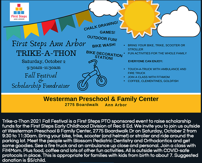 A2schools's tweet photo. The Trike-a-Thon Fall Festival on Sat., Oct. 2 from 9:30 to 11:30 am. is a First Steps PTO-sponsored family event to raise scholarship funds so that all families can participate in First Steps. And it's lots of fun! More info &amp; to donate: https://t.co/DTdSAo8njL @A2RecDirect https://t.co/mVqUC8nSIw