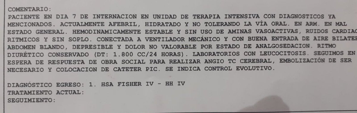 Hola, vengo a hacerle una denuncia pública a IOMA.
Mi mamá (Lidia Marín) tuvo un ACV hemorragico nivel 4, esta internada en el Sanatorio San Juan Bautista (Libertad, Merlo Buenos Aires). La primer imagen es una parte del informe médico de cómo está mamá al día de la fecha +