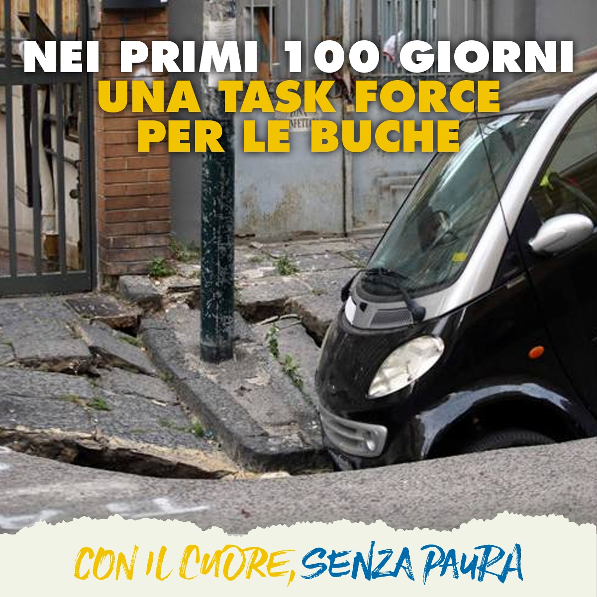MarescaCatello's tweet photo. Piano Marshall e task force contro le buche: è ciò che faremo nei primi 100 giorni alla guida del Comune per riparare e monitorare le strade disastrate di Napoli.
Per noi l'incolumità dei napoletani e il decoro della città sono importanti. Lo dimostreremo con i fatti.
#senzapaura https://t.co/d7qpxkPapc