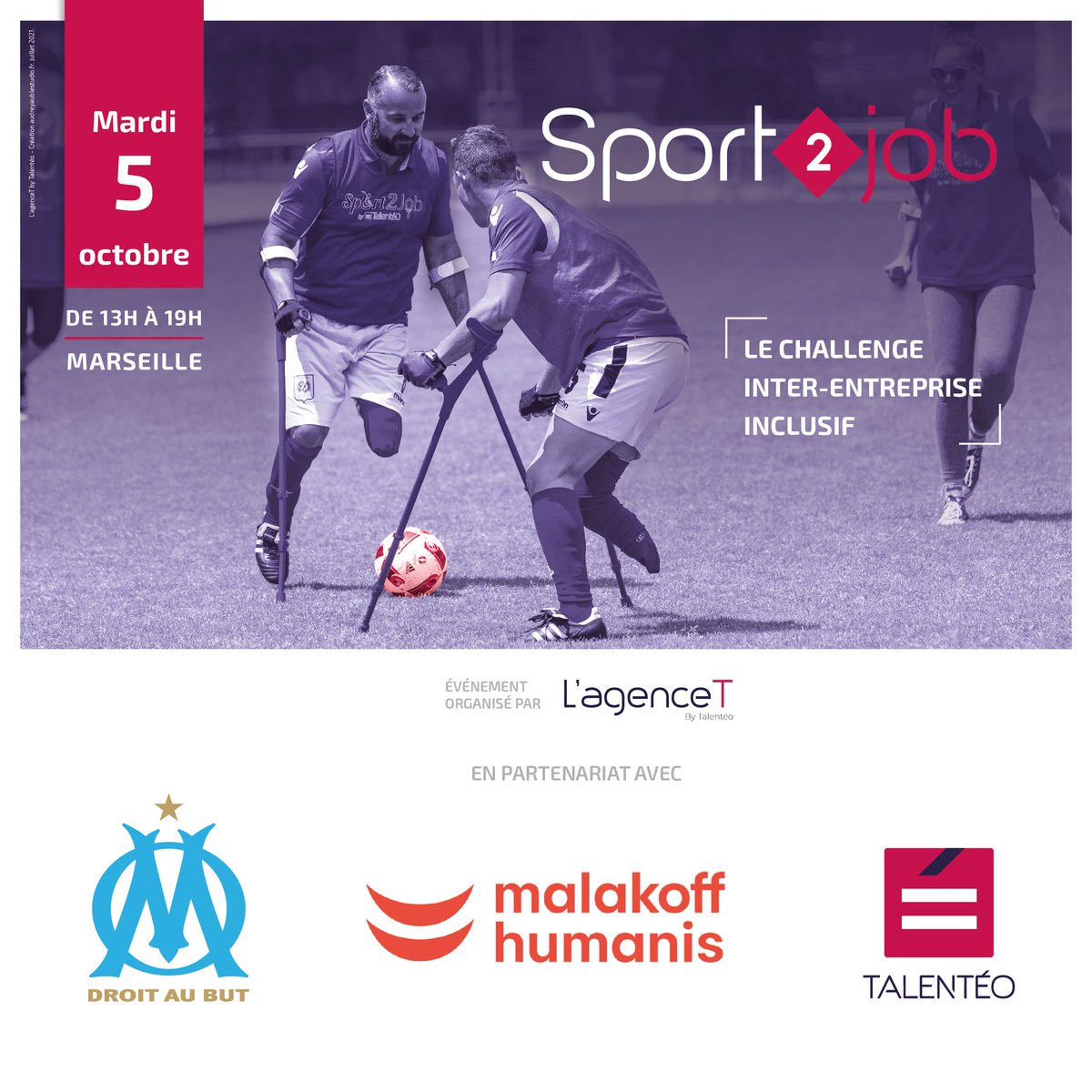 📆 [J-7 - #Sport2Job Marseille] 

⏳ L'événement se rapproche !

🔎 Zoom sur les partenaires majeurs : l'<a href="/OM_Officiel/">Olympique de Marseille</a> et <a href="/MalakoffHumanis/">Malakoff Humanis</a> 

💪 Vous souhaitez tenter votre chance et rejoindre l'aventure en tant que candidat ? Rdv ici : lnkd.in/d4QgU2jM

#emploi #handicap