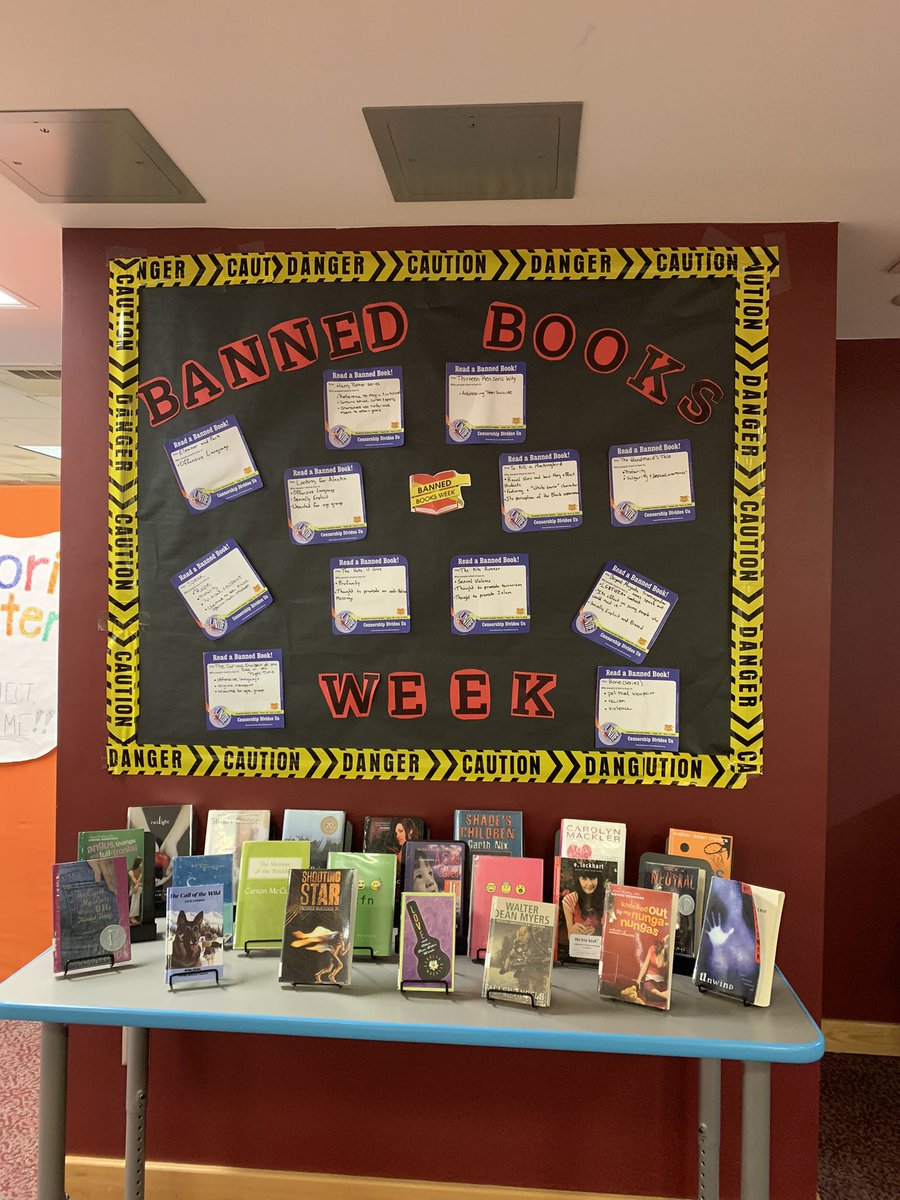 FALibrary's tweet photo. Happy #BannedBooksWeek! Stop by the library to check out our displays, guess which ban book is shredded, or fill out a banned books mad lib! @mcsdFA https://t.co/REkGW0EFn4