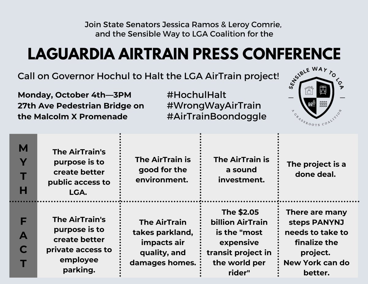 FlushingBay's tweet photo. 📢❗️Halt the LGA AirTrain project❗️📢
Monday, Oct. 4th @ 3PM @jessicaramos @LeroyComrie
Call on @GovKathyHochul to halt the AirTrain project from moving forward until there's a transparent & credible process to evaluate alternatives! Register here https://t.co/cMFIE9XSkG https://t.co/2FFwPepBmv