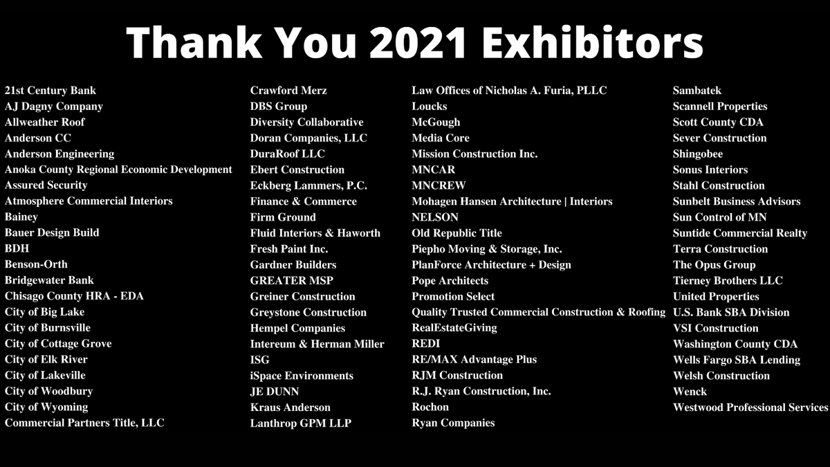 GoMNCAR's tweet photo. Expo + Awards in 1 month. Thank you to our 2021 Exhibitors. Be sure to register to attend the largest CRE event of the year! https://t.co/E92iCBhWYc #CRE #brokers #commercialrealestate #expo2021 https://t.co/NldtSvRppP