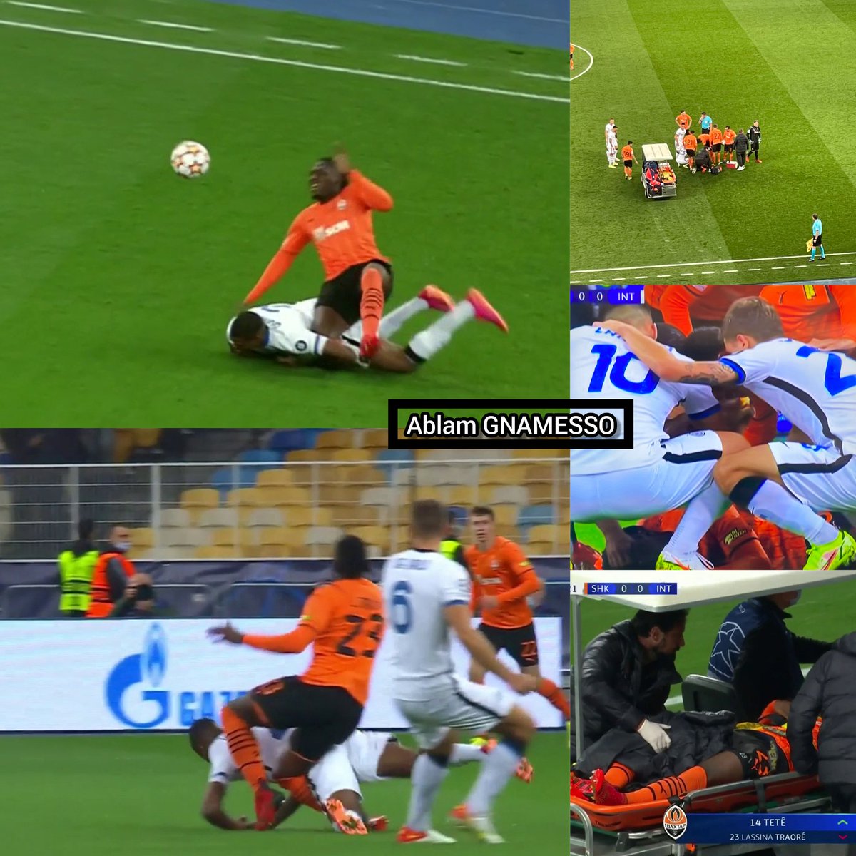 AblamGnamesso's tweet photo. Triste moment pour Lassina Traoré 🤦🏾♂️
Grave blessure de l'attaquant Burkinabè en début de match Shakhtar Donetsk – Inter en Ligue des Champions.
Espérons bien que ça aille pour Lassina Traoré.
#SHAINT #UCL https://t.co/6zA9dlcK3M