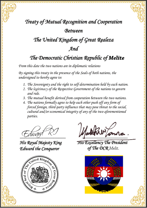 HRMMoFA's tweet photo. The Treaty of Mutual Recognition and Cooperation was today signed between @RealezaGov and @DCRMelitgov.                                                #Micronations https://t.co/akvLbGTKJa