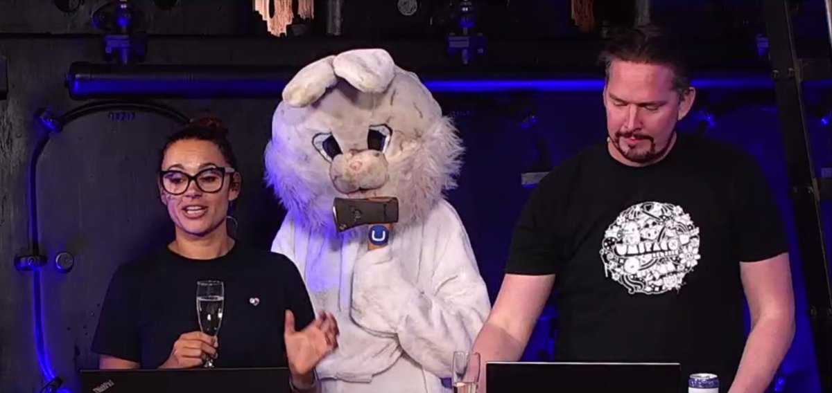 uxcle's tweet image. The bunny, who&apos;s costume looked like it was dragged behind a vehicle, and axe! Love it!  #Umbraco9