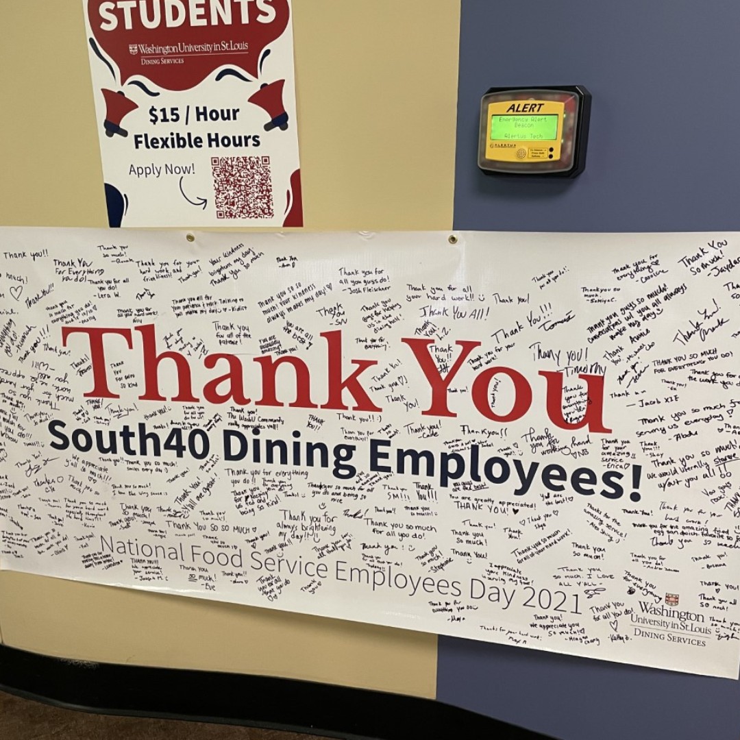 WUSTLdining's tweet photo. We can't thank our dining staff enough, and neither can our students! Students wrote heartfelt messages on these banners, on display across campus for all dining staff to enjoy! https://t.co/RhwwppfwE5