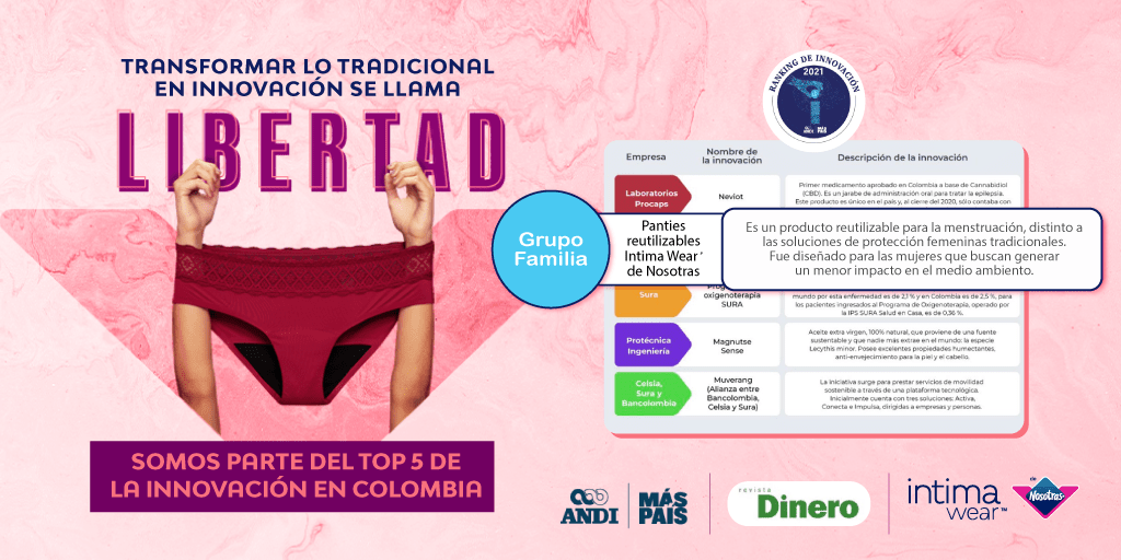 Somos parte del Top 5 de empresas colombianas que con sus innovaciones🩲🩸 están transformando al país💗, según la Revista Dinero, la ANDI (Asociación Nacional de Industriales) y un grupo de expertos.
⁣⁣
Conoce más de nuestros panties reutilizables en tiendanosotras.com