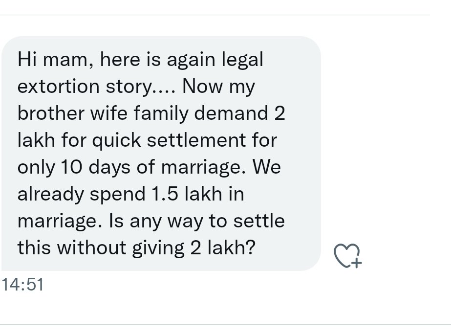 voiceformenind's tweet photo. Message From Reader |
▪️Man's family spent Rs 1.5 lakh for the marriage
▪️Marriage lasted for 10-Days
▪️Woman wants Rs 2 Lakh as "quick settlement"
#VoiceForMen #SpeakUpMen #MenToo https://t.co/E4n7dVUZDq
