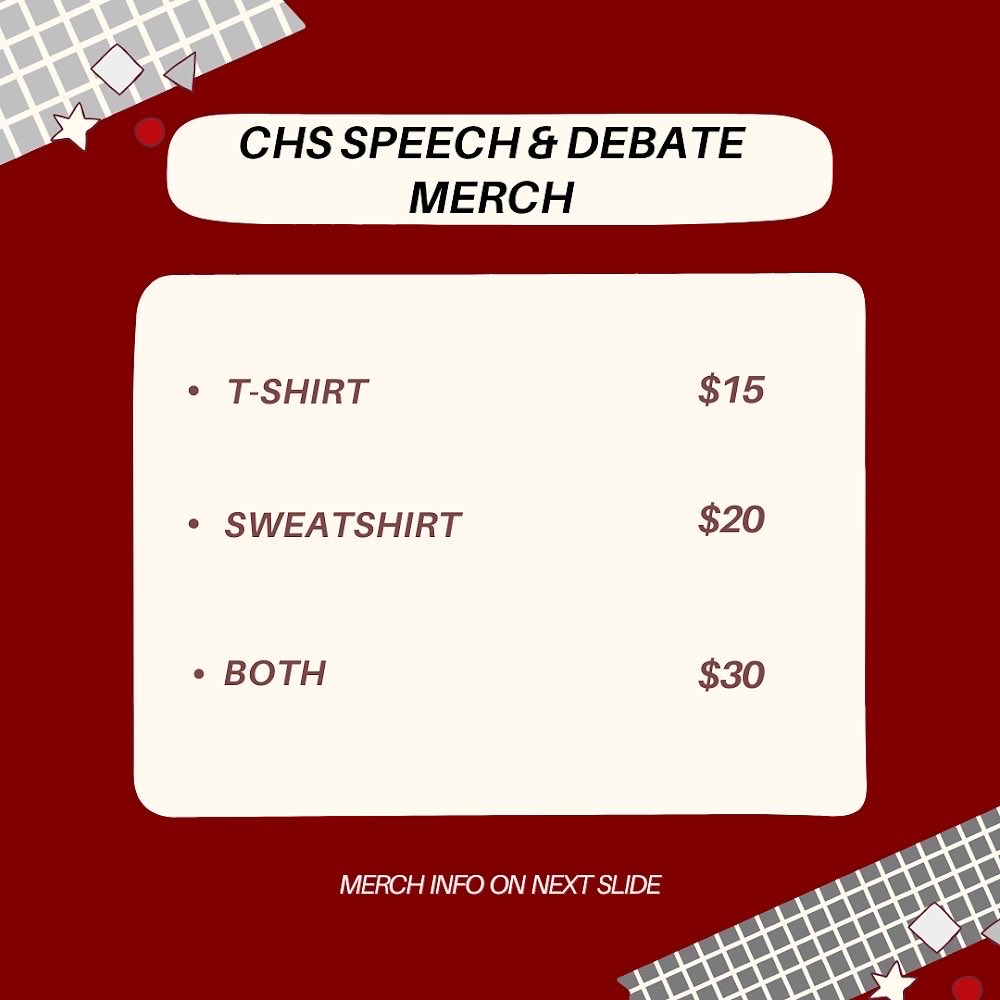 cvilleforensics's tweet photo. Hey everyone! Here is your friendly reminder that the CHS Speech &amp; Debate team is selling merch! Order forms are due THIS FRIDAY (Oct. 1st)! Please make checks payable to CCATD and deliver your checks to Robbins in Room F112! https://t.co/s4pXCOgvq8