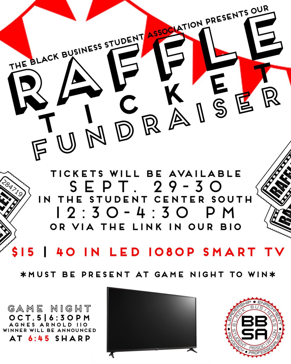 uhbbsa's tweet photo. TV RAFFLE🚨🚨🚨
Don’t miss out your chance to win a brand new 40 inch LED 1080p TV 📺! Meet us in the student center tomorrow or purchase with the link in our bio. Winner will be announced at our game night! https://t.co/PcixcnGuk2