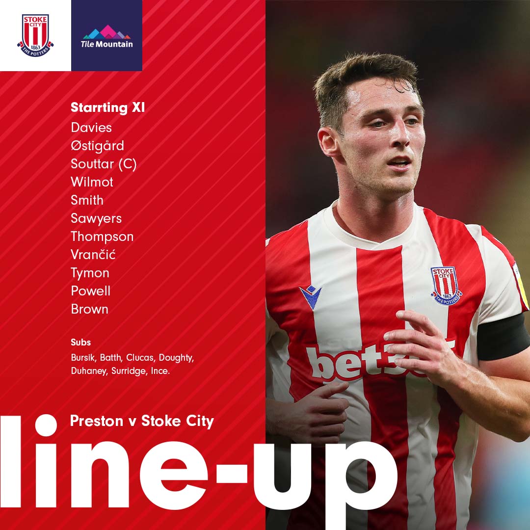stokecity's tweet photo. 𝗧𝗘𝗔𝗠 𝗡𝗘𝗪𝗦

🔺 Three changes from Saturday.
🔺 Østigård, Thompson &amp; Smith start.
🔺 Souttar retains place and captains team.

⚪️ v 🔴⚪️
#SCFC #PNESTK https://t.co/k8RmkjPrl6