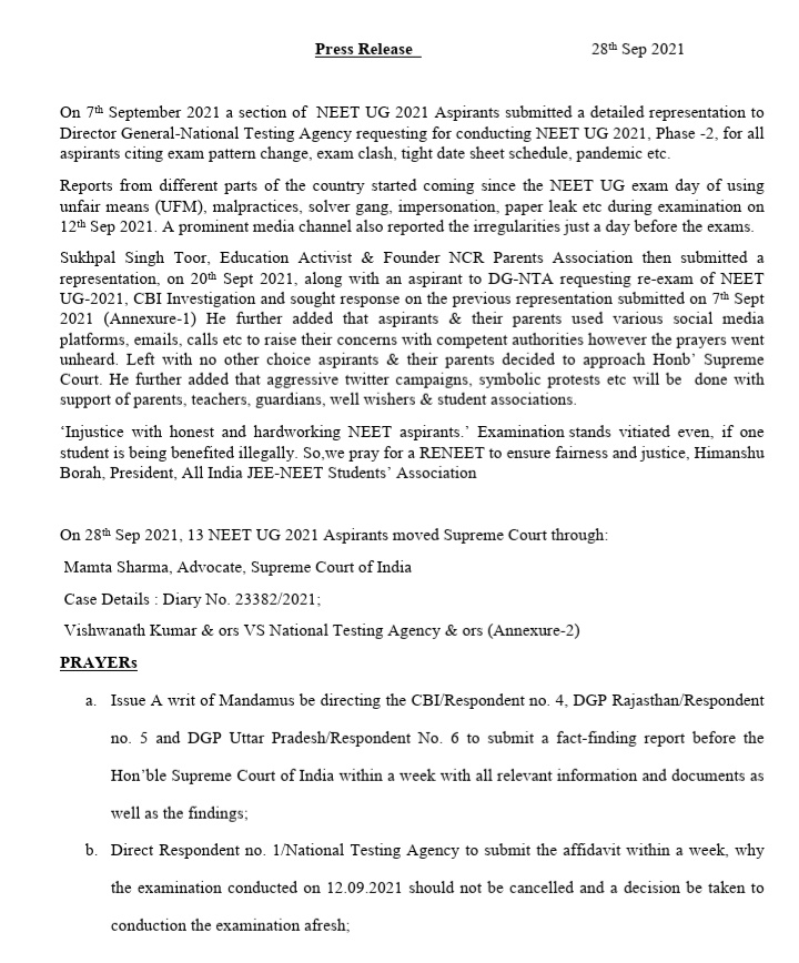 ActivistSukhpal's tweet photo. #PressRelease: #NEETUG21 
Aspirants move #SupremeCourt through @AdvMamtaSharma 4 #ReNEET etc.
@NidhiTanejaa @Architguptajii 
@manuvichar @vani_mehrotra 
@HimaanshuS @JagranEnglish 
@ieDelhi @Poojasharma_DB 
@PragattiOberoi8 @JatinPaul @RonaldR183 @manashTOI 
 @ActivistSukhpal https://t.co/IYqUR6iMwE