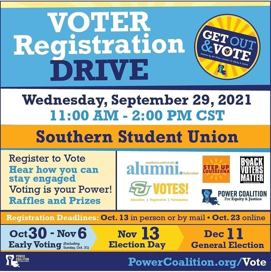 MerrickRobyn's tweet photo. Recognizing #NationalVoterRegistrationDay today by kicking off this year's #SUVotes initiative. And, we will continue tomorrow with a voter registration drive in partnership with the @SouthernUAlumni and @PowerCoEJ. #voting #voters #OurVoicesOurPower2021 #whenweallvote #geauxvote https://t.co/pAvOw8SoVP