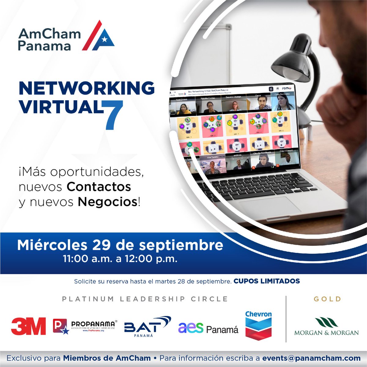 panamcham's tweet photo. Estimado Miembro: Regístrese y participe en el 7mo Networking Virtual de AmCham Panamá a realizarse el 29 de septiembre a las 11:00 a.m. Para inscribirse solicite el link en events@panamcham.com. ¡Le esperamos! #NetworkingVirtual #AmChamPanama #NuevosNegocios #NuevosContactos https://t.co/sUBCOnVvXx