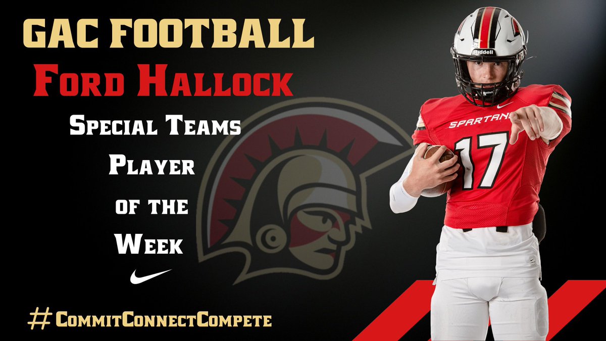GACFootball's tweet photo. Senior Ford Hallock threw a beautiful touchdown pass on a fake field goal and was our leading Special Teams tackler to earn Special Teams Player of the Week‼️ @FordHallock
#Team31 #CommitConmectCompete https://t.co/aoWsjVL8DZ