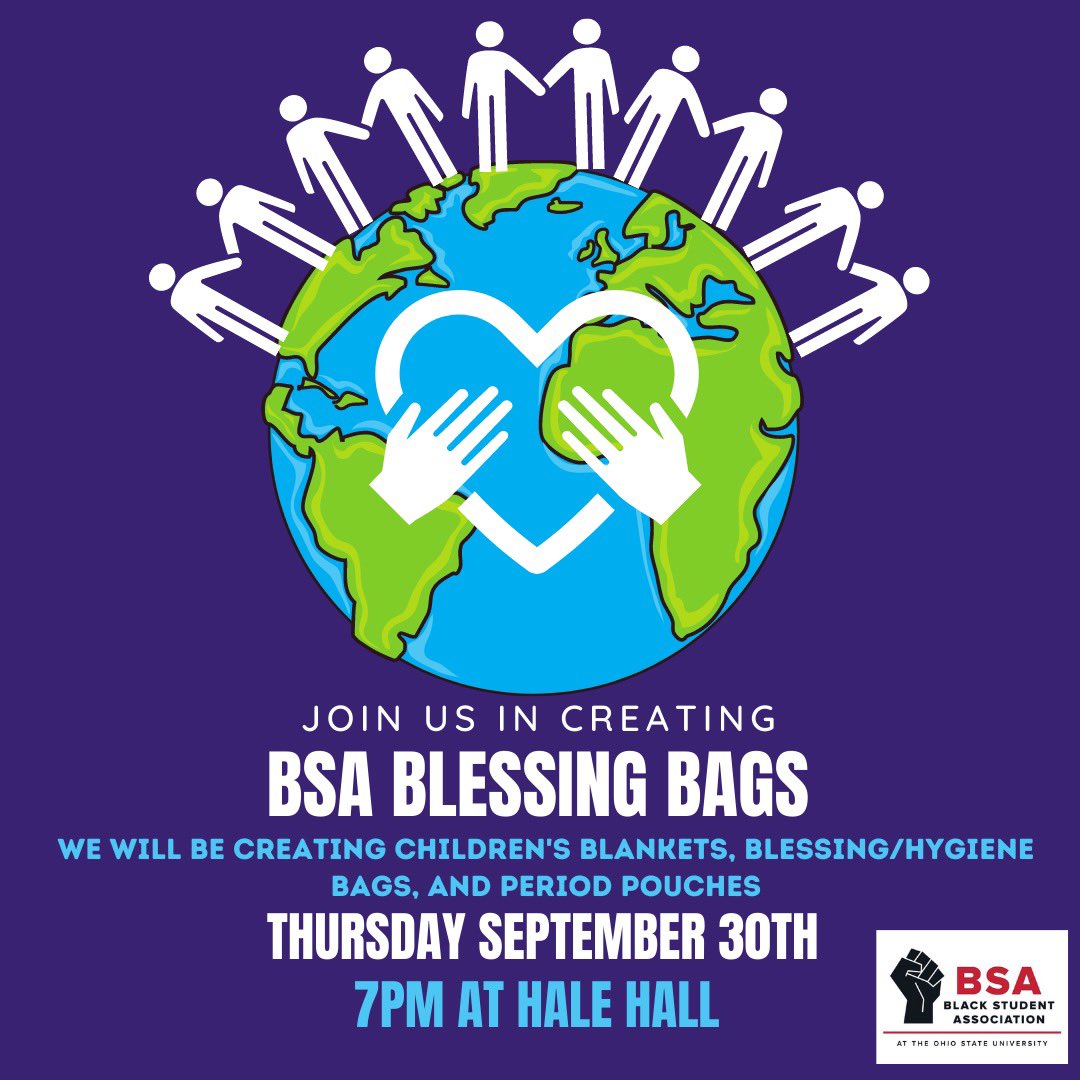 Help us help the community by making BSA Blessing Bags! This Thursday we will be making children’s blankets, period pouches and hygiene bags, to distribute within local communities. Let’s come together and make a difference! ✊🏾See y’all on Thursday at 7!