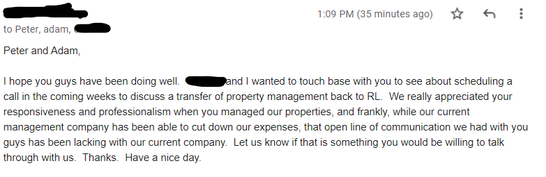 pslohmann's tweet photo. A property owner who terminated us and switched to a cheaper property manager a couple years ago just emailed me. Made my entire week. They own about 8 units. https://t.co/mBSZTxEtju