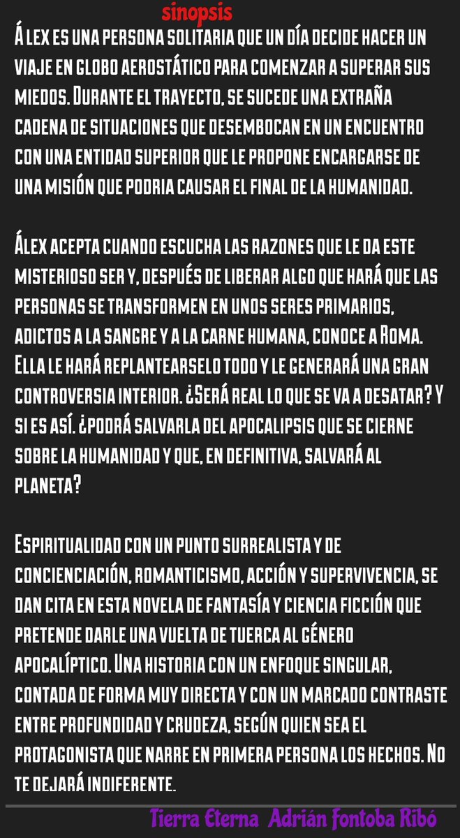 adrianfontoba's tweet photo. Sinopsis de mi primera novela 'Tierra Eterna' pronto estará disponible.
#adrianfontobaribo #novelatierraeterna #edicionesatlantis https://t.co/9Q4bGfUcxk