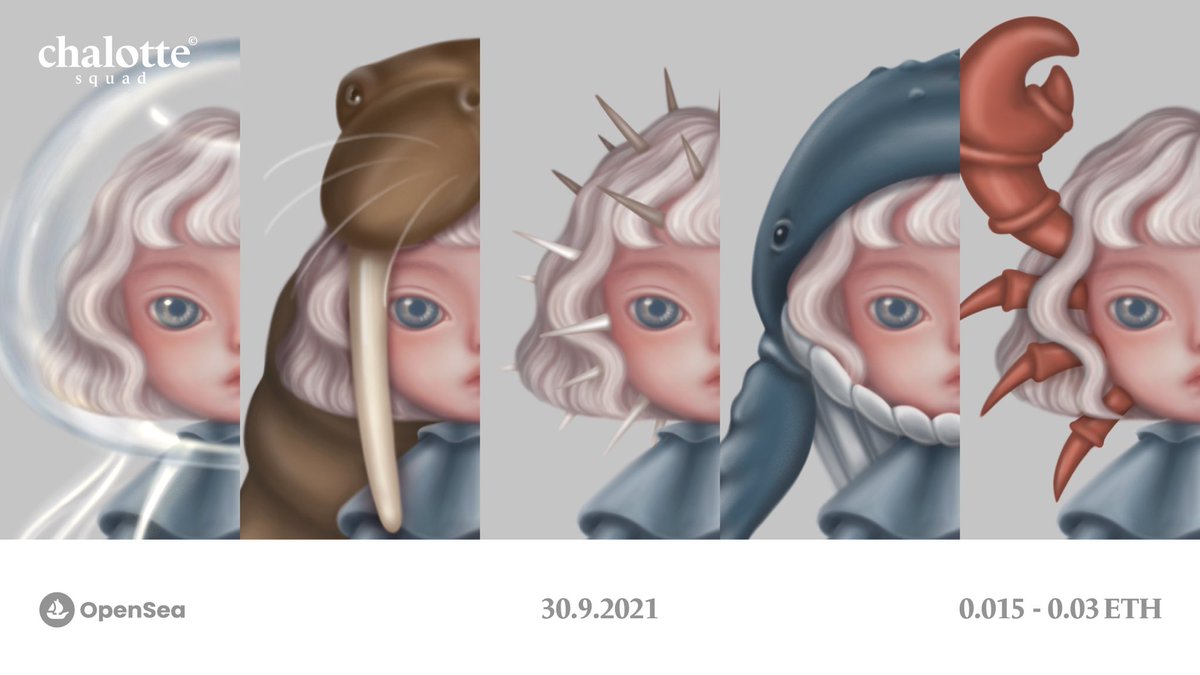 First Drop ALERT🚨
"Chalotte Squad Collection" 🐋🦀🦭

common - 4 | 🌟special - 1

⏰: Thursday 30th SEP 2021 | 8PM (GMT+7)

📍opensea.io/collection/cha…

#NFT #NFTs #NFTCommunity #NFTthai #NFTdrops #nftcollector #NFTartists #NFTartwork #ThaiNFT #opensea <a href="/opensea/">OpenSea</a>