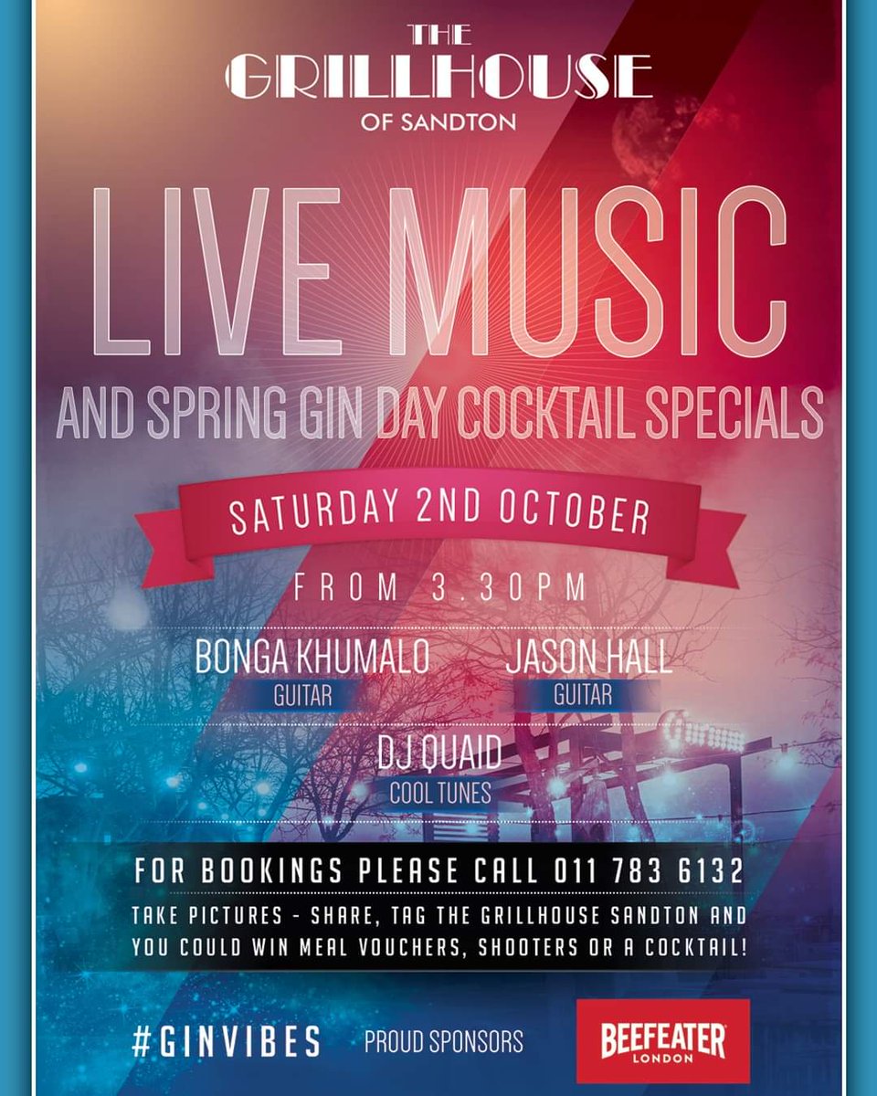 Spring Gin Day Cocktail Specials with LIVE MUSIC &amp; DJ 
This Saturday the 2nd of October at The Grillhouse Sandton.
Things will kick off at 3.30pm.
To book your spot on our deck please call 011 783 6132
#gin #cocktails #bar #thegrillhouse  #jozi #eatout #whattodo #saturdayvibes