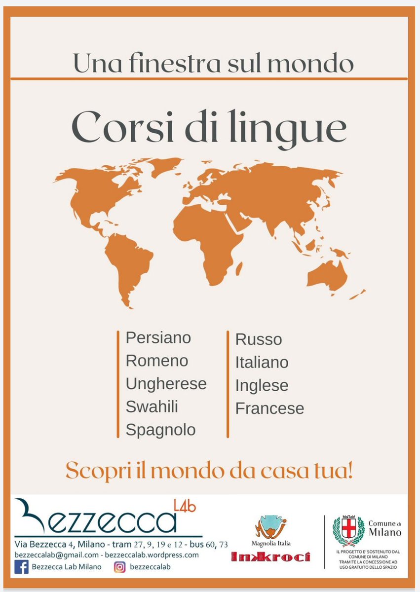 BezzeccaLab's tweet photo. Amici e amiche, #BezzeccaLab riparte con i corsi di #lingua! 🌍✈️ 
Offriamo corsi individuali e di gruppo, corsi di conversazione e corsi per bambini! 🇬🇧🇩🇪🇫🇷🇪🇦🇷🇺🇮🇷🇰🇪🇷🇴🇭🇺 

Per maggiori informazioni: bezzeccalab@gmail.com

Vi aspettiamo! 😎 
@magnoliaitalia https://t.co/HpH9MuW8hc