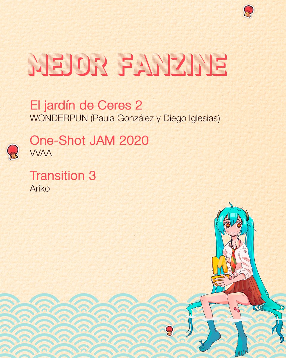 🏆 MEJOR FANZINE

🔹  El jardín de Ceres 2
WONDERPUN (Paula González y Diego Iglesias)

🔹  One-Shot JAM 2020
VVAA
 
🔹  Transition 3
Ariko