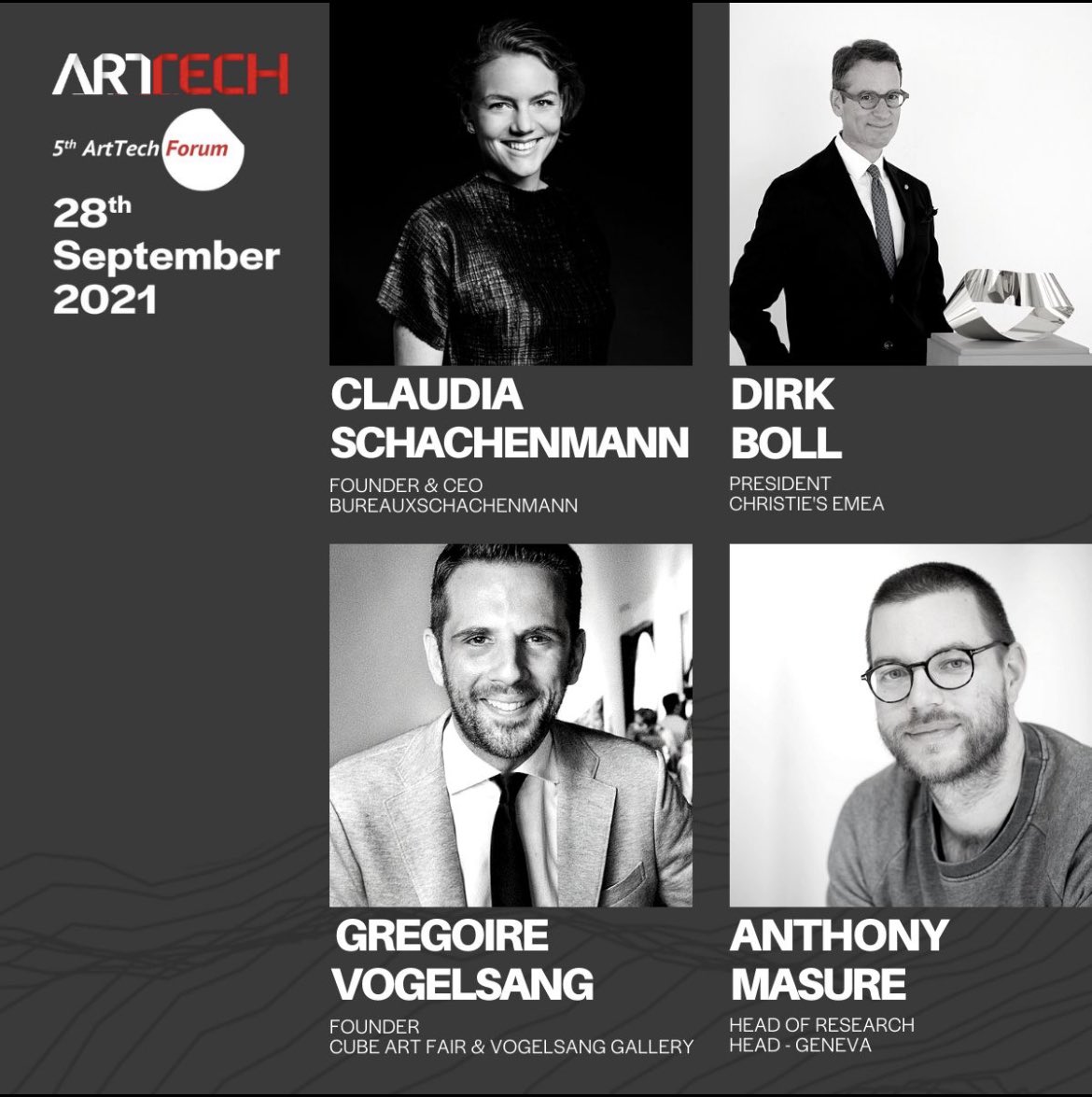 We are thrilled to have <a href="/cubeartfair/">Cube Art Fair</a> Founder, Gregoire Vogelsang, as guest speaker at the ArtTech Forum, talking about #NFTs and its impact on the #future of the #artmarket along w/ Dirk Boll, President Christie's EMEA, Anthony Masure, from HEAD. 
Moderator: Claudia Schachenmann