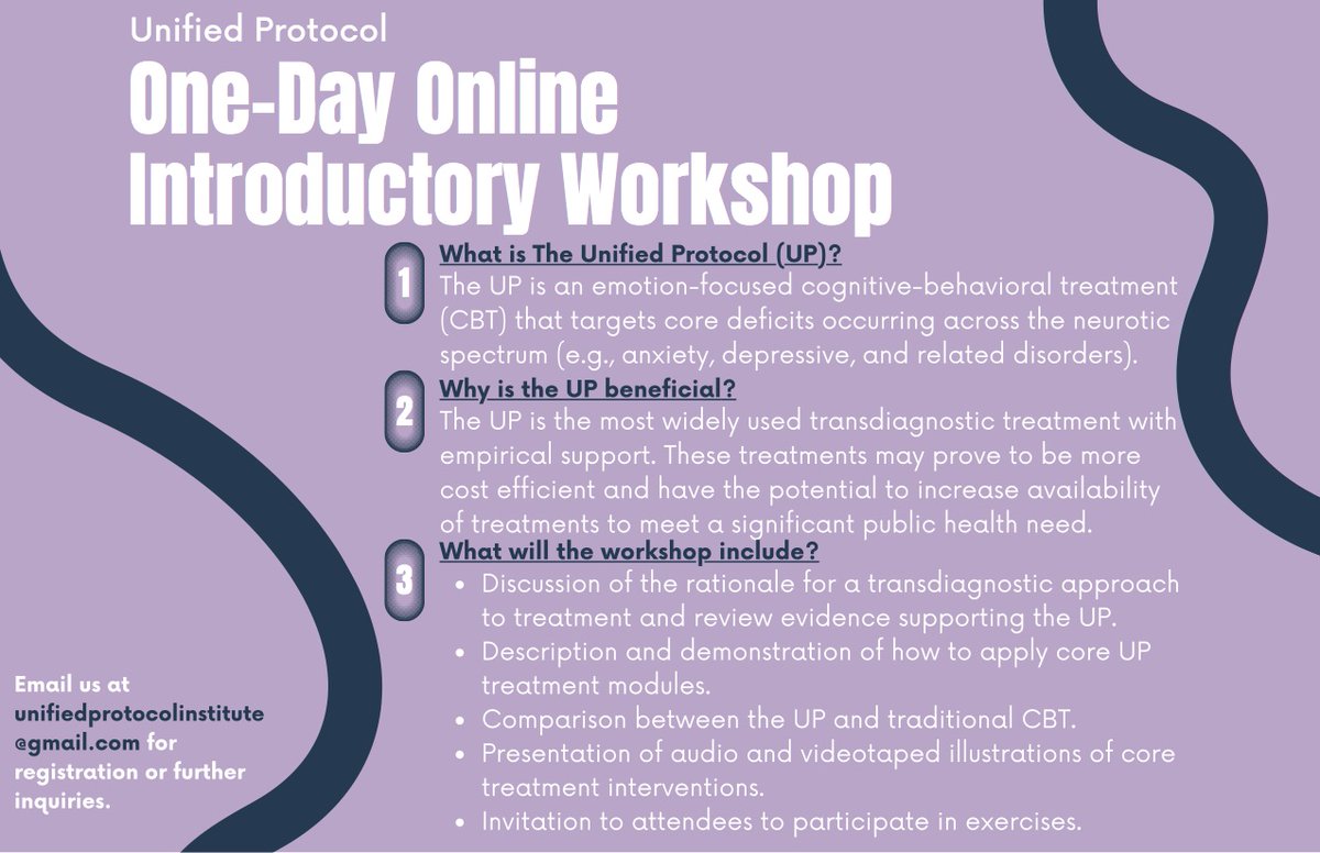 Interested in implementing the UP to treat adults with emotional disorders? Join us on October 29 for an introductory workshop! Click here for registration information:  unifiedprotocol.com/Training/Train…