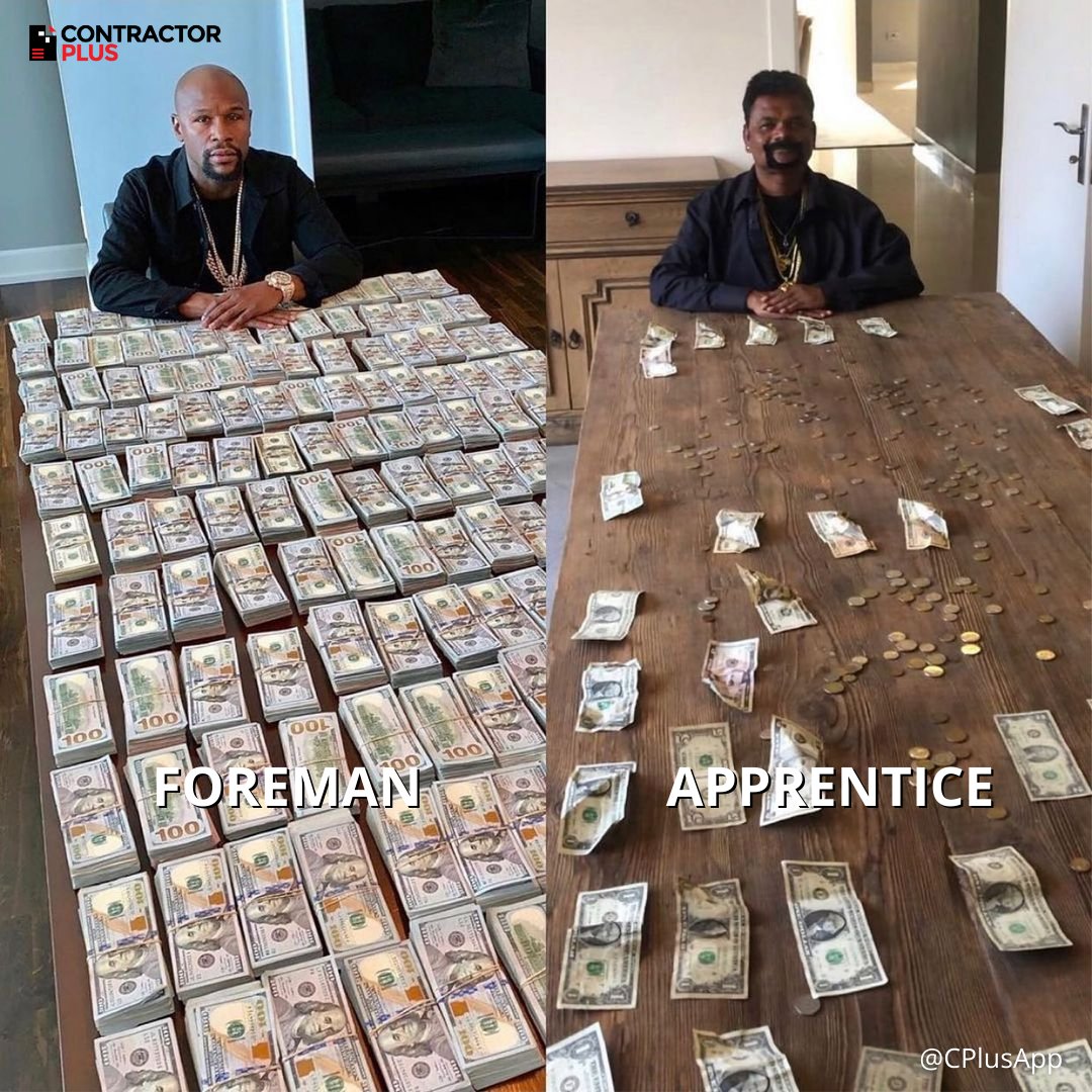 cplusapp's tweet photo. FOREMAN's got the cheese!🤑😂
At least the apprentice has smile on his face!😜😅 don't forget to tag your apprentice in comments.⬇️
#ContractorPlus #Memes #GotTheCheese #Foreman #ApprenticeMemes #ContractorMemes #Contractor #Handyman https://t.co/wWD4bsCL0F
