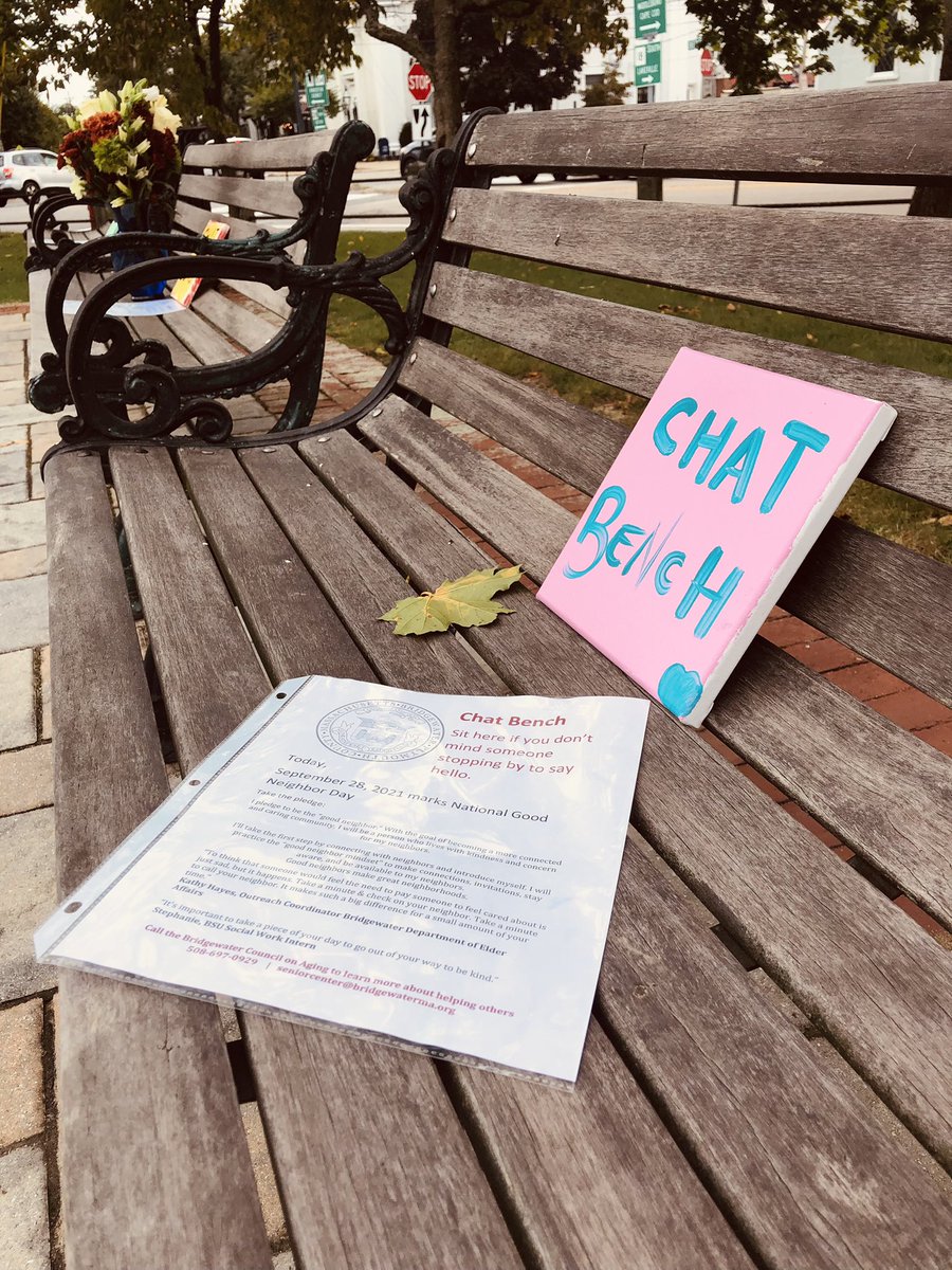 BridgewaterCoa's tweet photo. Happy #GoodNeighborDay! @BridgewaterMA celebrates by dedicating public benches to become #chatbenches. Have a seat &amp; start the conversation with someone today. https://t.co/bq4BH2Jhvu